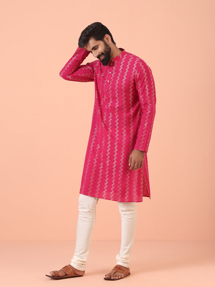 Pink Silk Blend Kurta Set with Metallic Jacquard Woven Design and Cream Churidar for Festive & Wedding Ensemble