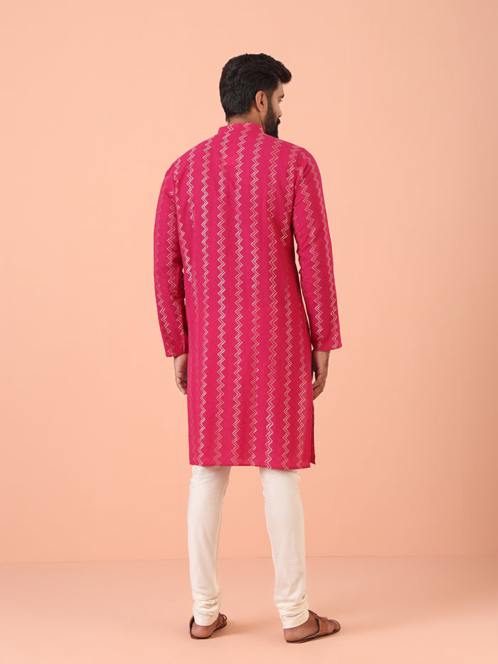 Pink Silk Blend Kurta Set with Metallic Jacquard Woven Design and Cream Churidar for Festive & Wedding Ensemble