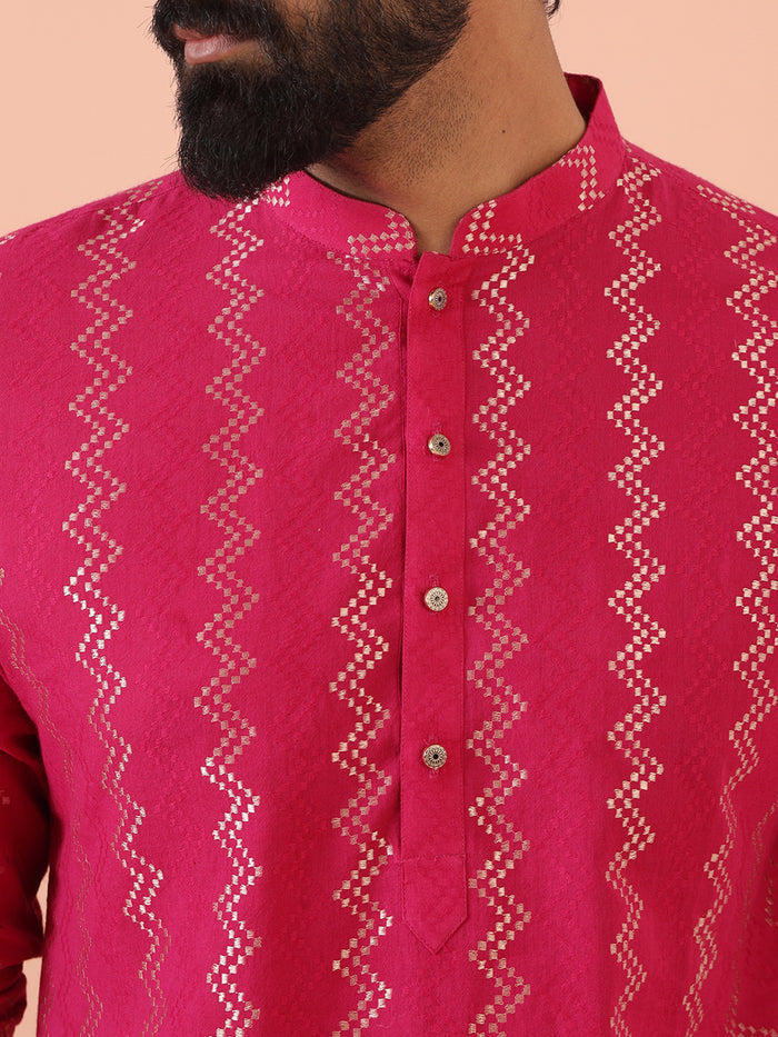 Pink Silk Blend Kurta Set with Metallic Jacquard Woven Design and Cream Churidar for Festive & Wedding Ensemble