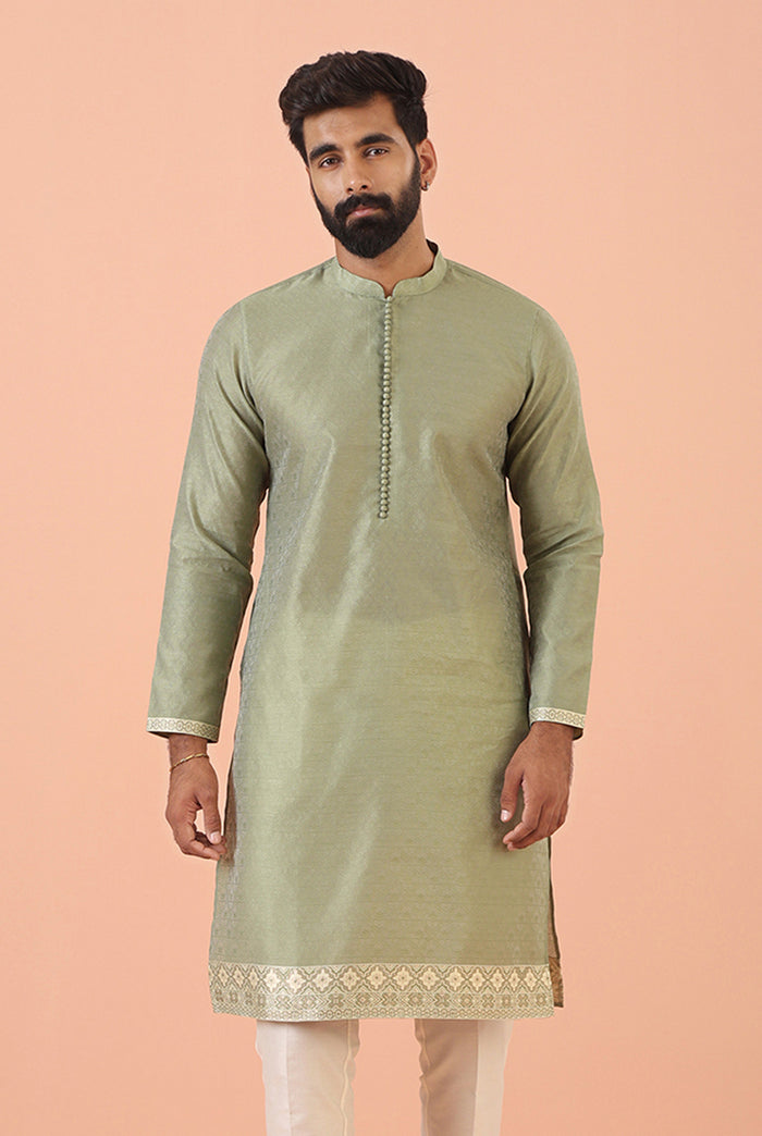 Sage Green Jacquard  Kurta with  Contrast Detailing