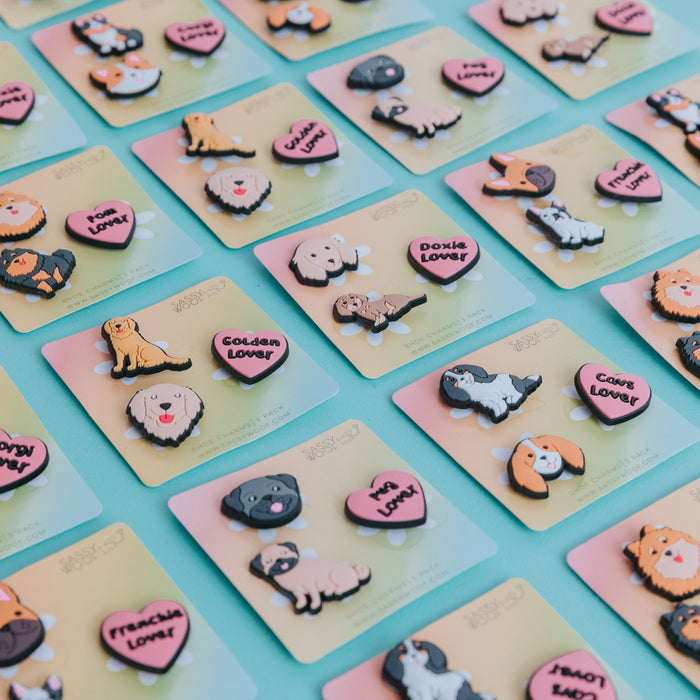 Sassy Woof's Shoe Charm - Poms features cartoon animal designs, perfect for dog charms or playful shoe accessories that animal lovers will adore.