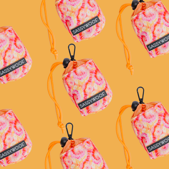 The Sassy Woof Treat Pouch - Summer Sorbet features a pink, orange, and yellow tie-dye pattern with an orange strap and label—perfect for pairing with a matching harness. Shown on a solid light orange background.