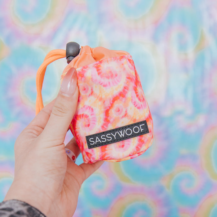 A hand with pastel nails holds the Sassy Woof Treat Pouch - Summer Sorbet—a colorful tie-dye pouch for dog treats—against a vibrant, swirly backdrop. Pair it with the matching harness for a coordinated look.