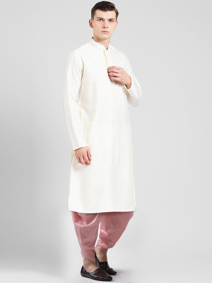 White Cotton Silk Kurta with Pink Dhoti Set