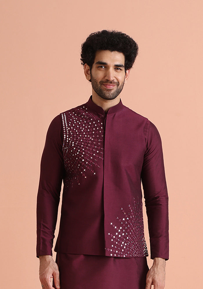 Wine Mirror Work Nehru Jacket