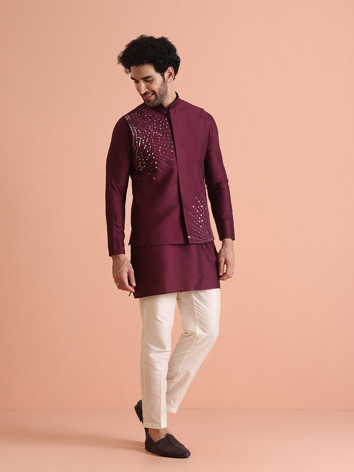Wine Mirror Work Nehru Jacket