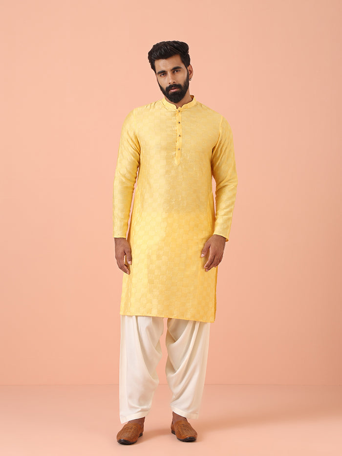 Yellow Jacquard Kurta with White Patiala