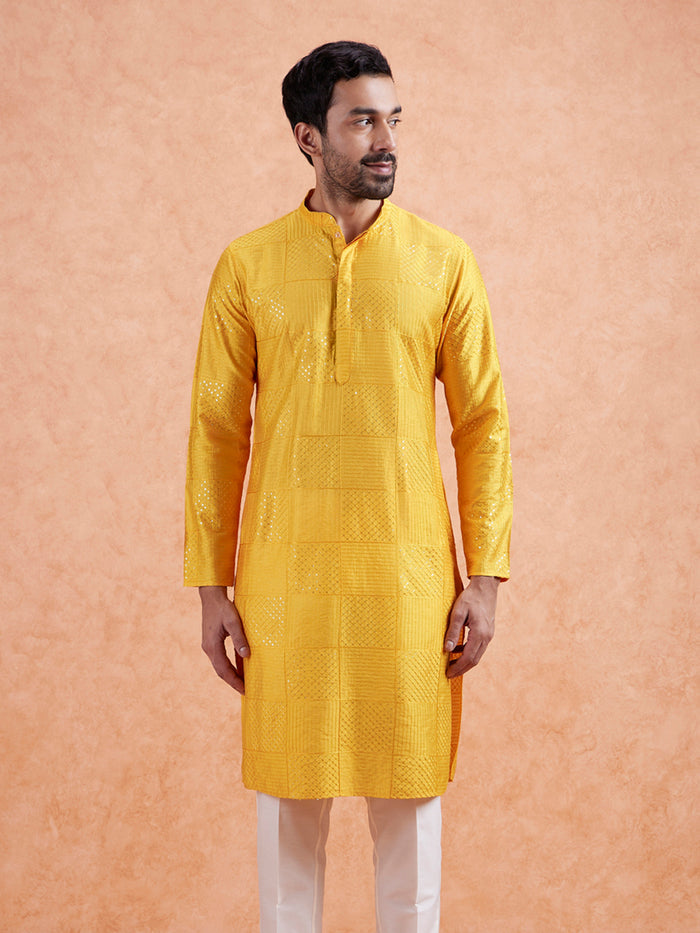 Yellow Jacquard Silk Blend Kurta
