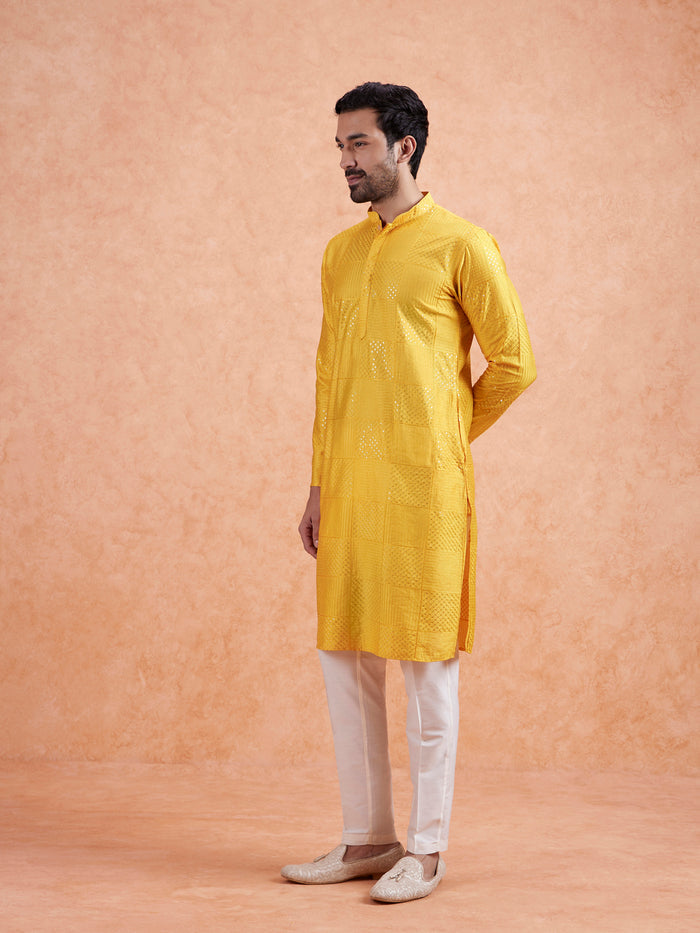 Yellow Jacquard Silk Blend Kurta
