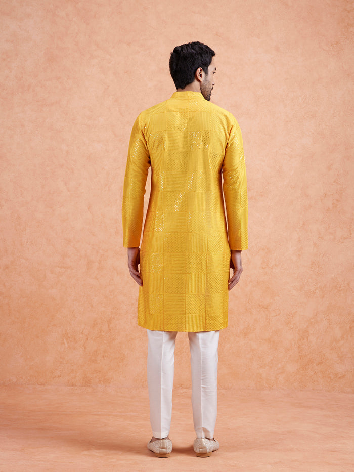 Yellow Jacquard Silk Blend Kurta