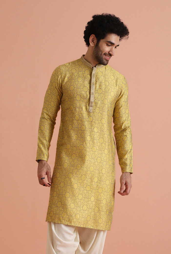 Yellow Jacquard Woven Silk Blend Kurta