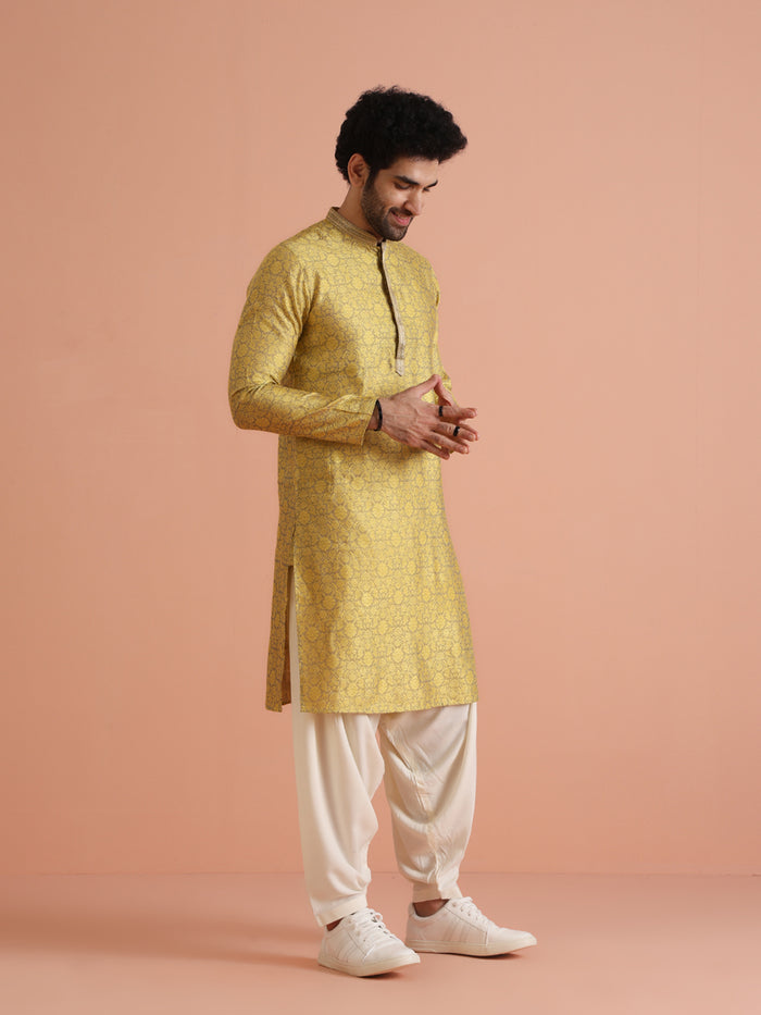 Yellow Jacquard Woven Silk Blend Kurta