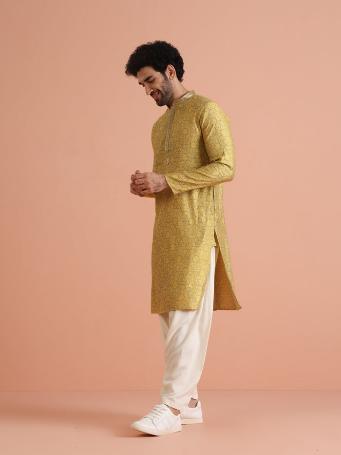 Yellow Jacquard Woven Silk Blend Kurta