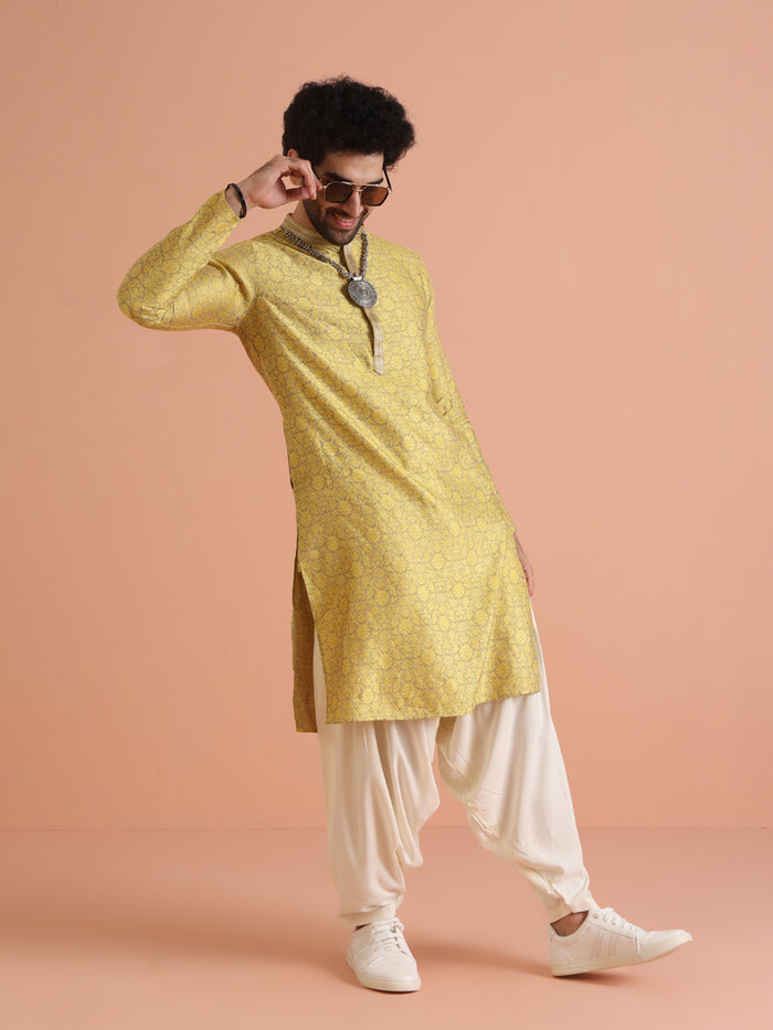 Yellow Jacquard Woven Silk Blend Kurta