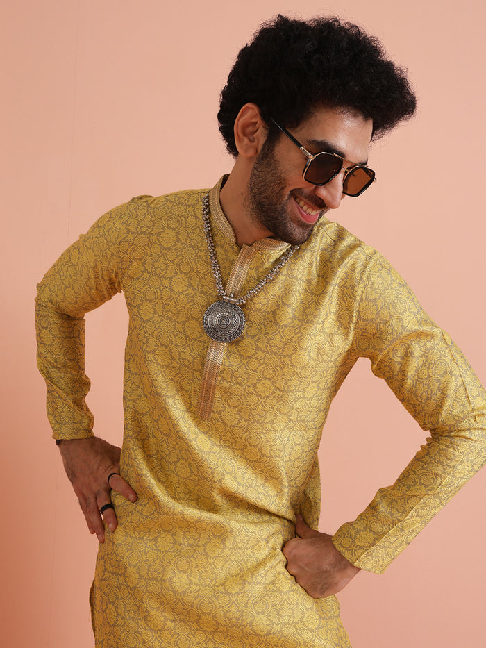 Yellow Jacquard Woven Silk Blend Kurta