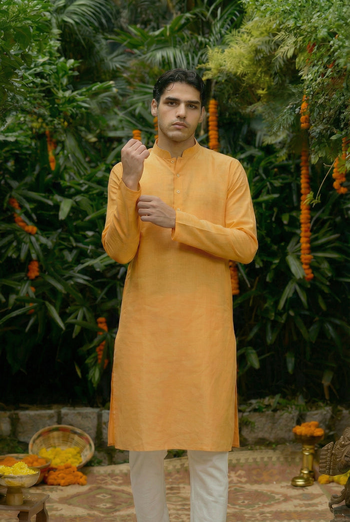 Yellow Silk Blend Solid Long Kurta