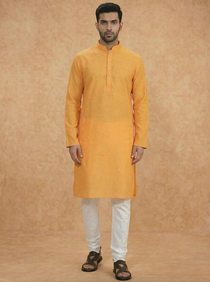 Yellow Silk Blend Solid Long Kurta