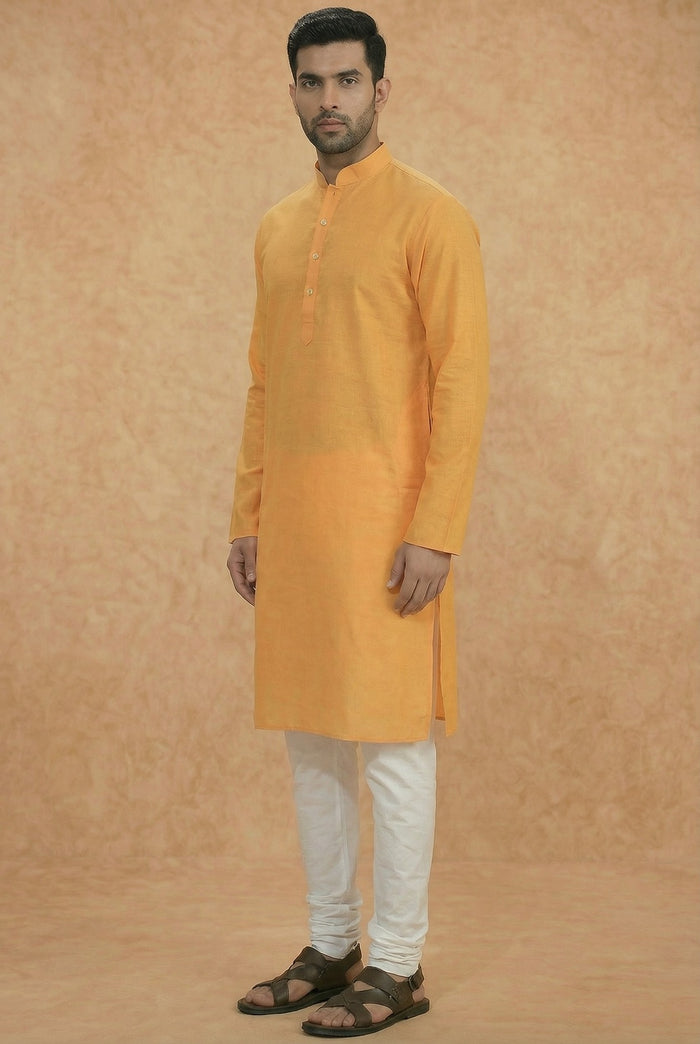 Yellow Silk Blend Solid Long Kurta