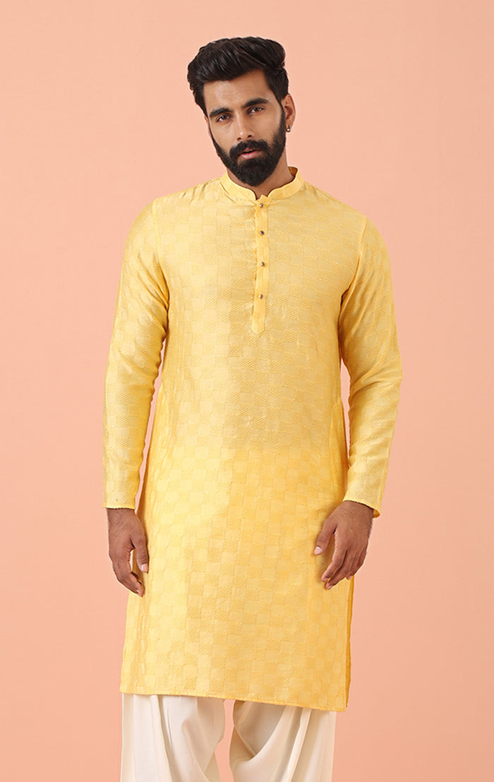 Yellow Silk Blend Textured Long Kurta
