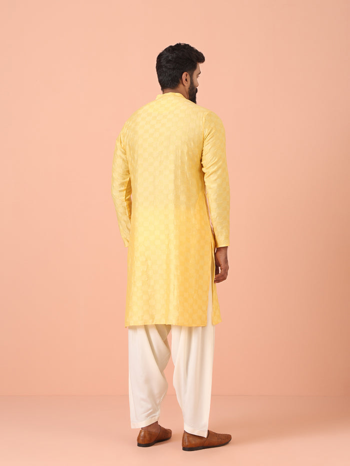 Yellow Silk Blend Textured Long Kurta