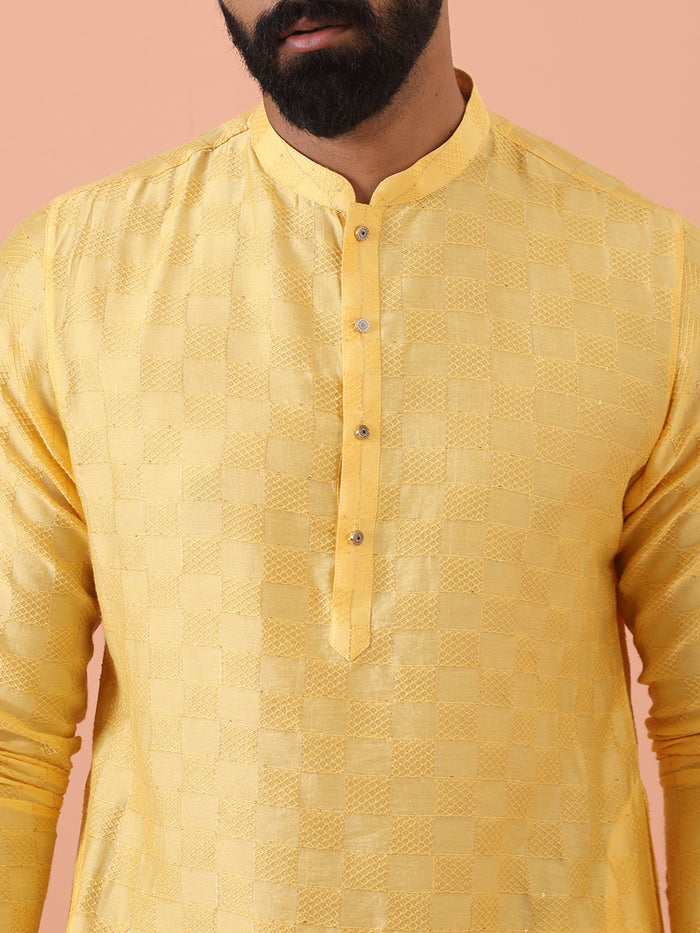 Yellow Silk Blend Textured Long Kurta